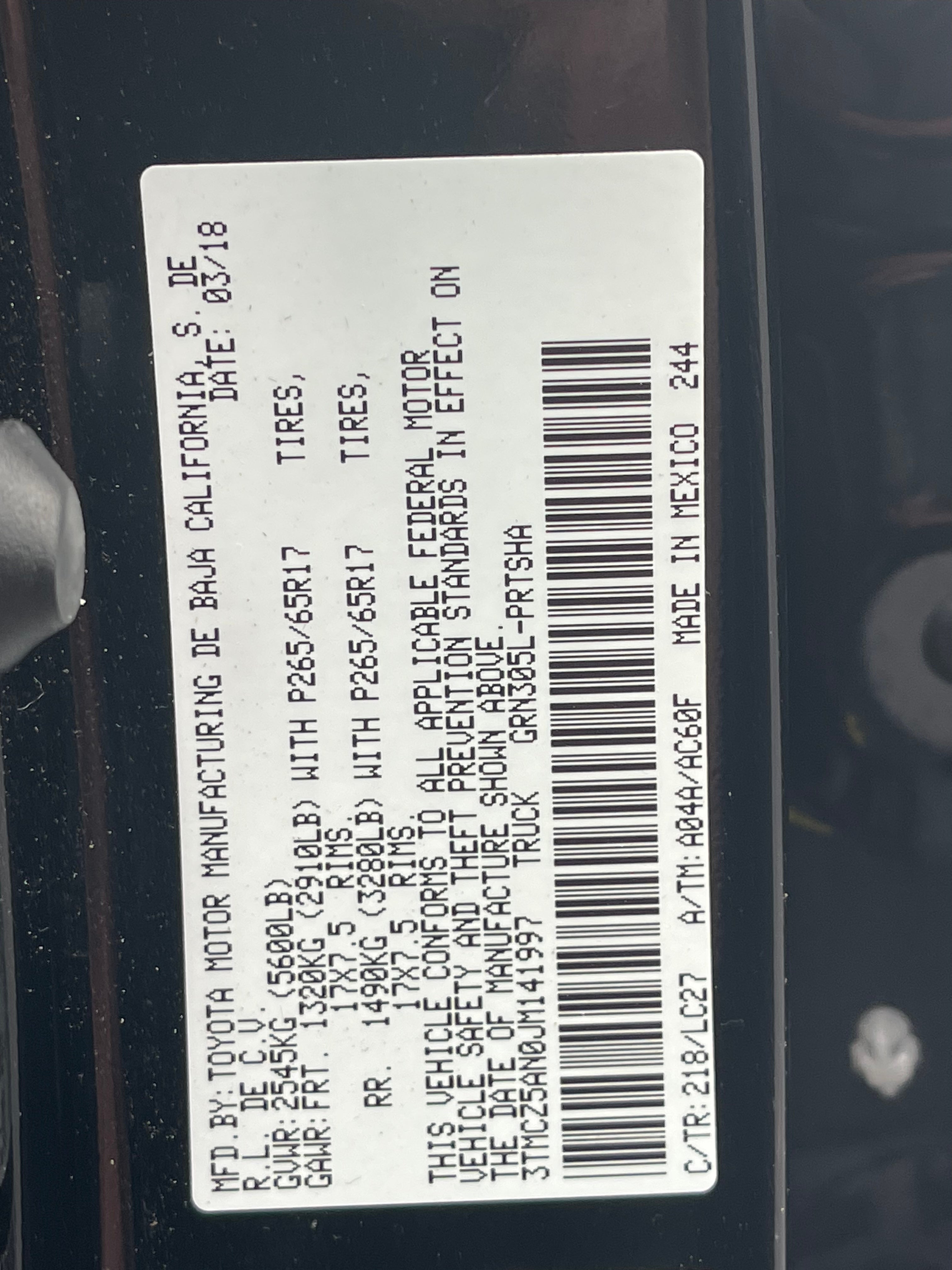 2018 Toyota Tacoma SR Double Cab 5' Bed V6 4x4 AT (Natl)